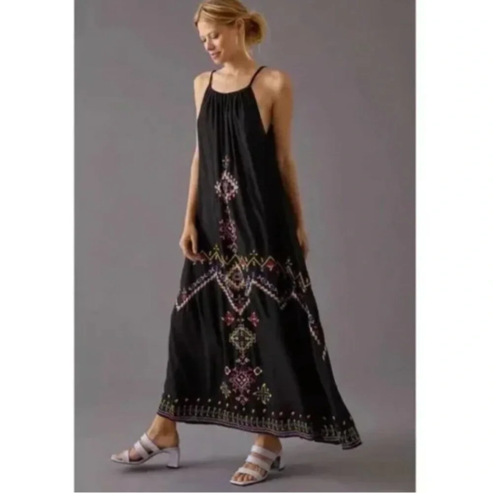 Anthropologie Embroidered Tie Strap Maxi Dress w/ Pockets Size: S - Picture 1 of 12